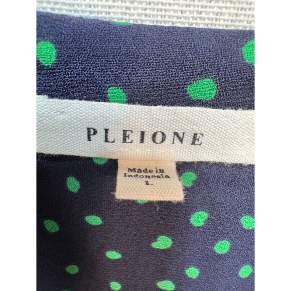 Pleione Womens V-Neck Blouse Top Size L Navy Green Polka Dot 3/4 Sleeve Retro - Picture 2 of 11